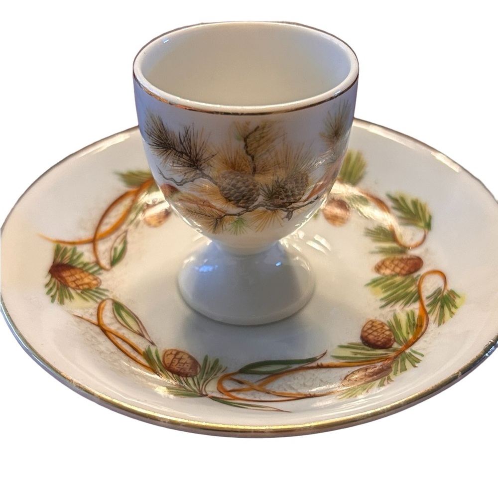 Vintage antique porcelain eggcup and dish pinecone pine